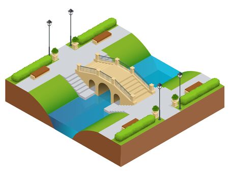 Stone bridge over river. Romantic bridge stone in park. Flat vector landscape with a picture of the nature. Place for rest and walks. Flat 3d vector isometric illustrationのイラスト素材