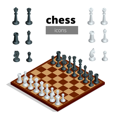 Chess icons. Flat 3d isometric vector illustration. White board with chess figures on it. Intelligent, strategic gameのイラスト素材