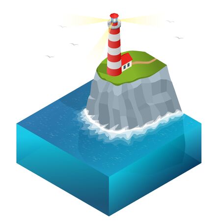Lighthouse vector isometric illustration. Searchlight towers for maritime navigational guidanceのイラスト素材