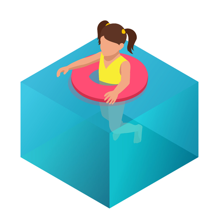 Little girl swimming in inflatable ring. Flat 3d isometric illustrationのイラスト素材