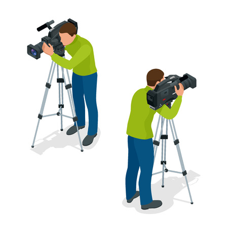 Video camera operator working with his professional equipment isolated on white background. Flat 3d...