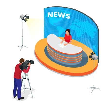 Breaking news reportage and press conference. Journalist interview an analyst. Flat 3d isometric illustrationのイラスト素材