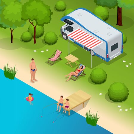 RV camper in camping, family vacation travel, holiday tripのイラスト素材