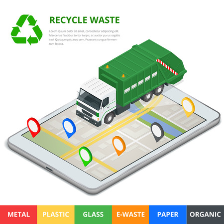 Recycle waste concept. Garbage disposal with gps navigation on city. Sorting garbage. Ecology and recycle concept. Flat 3d vector isometric illustrationのイラスト素材