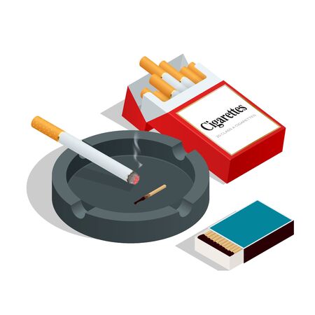 Box of matches, cigarettes pack, cigarette on white isolated background. Flat 3d vector isometric illustrationのイラスト素材