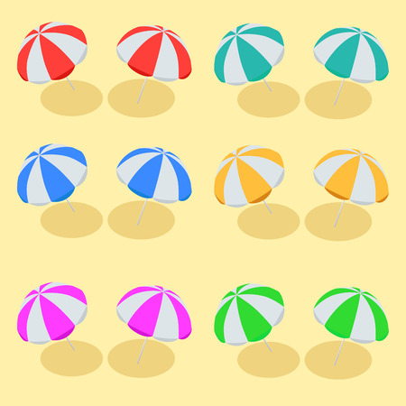 Beach Umbrella set. Beach set symbols of sun umbrellas. Summer sunny parasol. Flat 3d vector isometric illustrationのイラスト素材