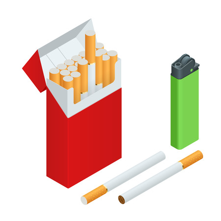 Lighters, cigarettes pack, cigarette. Flat 3d vector isometric illustrationのイラスト素材