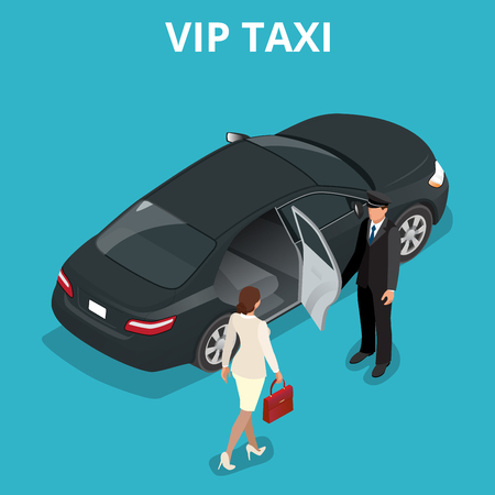 VIP taxi concept. A pretty business woman getting into a taxi cab. VIP service flat 3d vector isometric illustrationのイラスト素材