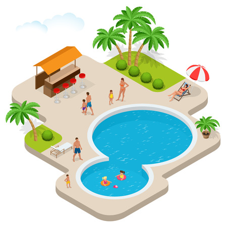 Summer fun at aqua park. Child with parents on water slide at aquapark. Summer holiday. Flat 3d vector isometric illustrationのイラスト素材