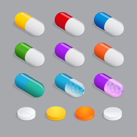 Medicaments of various types, set of medical pill. Many colorful pills. Things to human health. Flat 3d isometric vector illustrationのイラスト素材