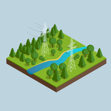 High voltage transmission lines and power pylons. High voltage towers. Electricity pylons. Vector illustration of industrial landscape. Flat 3d vector isometric illustration.のイラスト素材