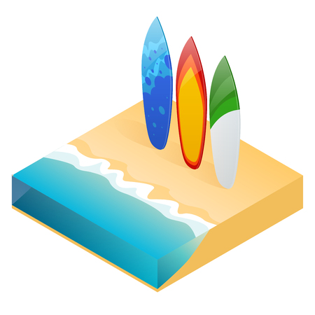 Vector modern colorful surfboard. Holiday surfboards on the ocean beach. Flat 3d vector isometric illustrationのイラスト素材