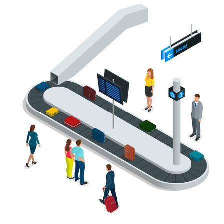 Suitcase on luggage conveyor belt in the baggage claim at airport. Flat 3d isometric illustrationのイラスト素材