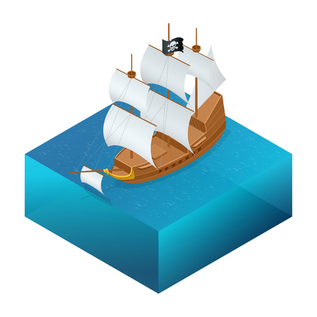 Isometric Pirate Ship with pirate flag on water.のイラスト素材