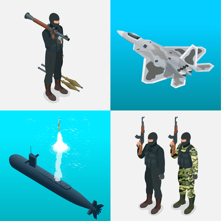 Isometric icons submarine, aircraft, tanks, soldiers. Flat 3d high quality military vehicles machinery transportのイラスト素材