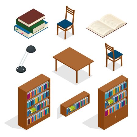 Library isometric icon set. Publications storage library archive catalog helves abstract isolated vector illustrationのイラスト素材