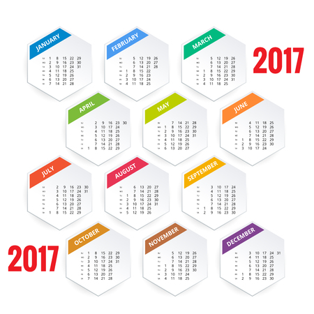 Design of Wall Monthly Calendar for 2017 Year. Week Starts sunday. Set of 12 Monthsのイラスト素材
