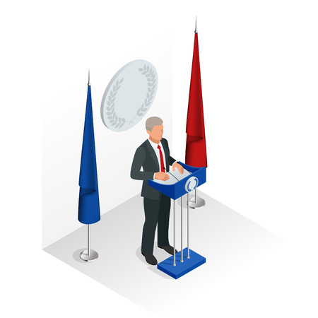 Business man giving a presentation in a conference or meeting setting. Orator speaking from tribune vector illustrationのイラスト素材