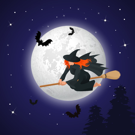 Silhouette of a witch flying on a broomstick across a full moon at twilight for Halloween. Halloween party. Vector illustration.のイラスト素材