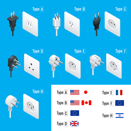 Electrical Plug Types. Type A, Type B, Type C, Type D, Type E, Type F, Type H. Isometric Switches and sockets set. AC power sockets realistic vector illustration.のイラスト素材