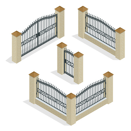Vector Isometric icon or infographic Different designs of fences and gates isolated on a white background. Stone fence, iron fence, wrought-iron fence illustrationのイラスト素材