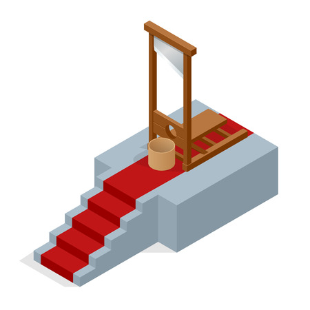 Isometric Guillotine vector Illustration. Ceremonial red carpet directing to a guillotine.のイラスト素材