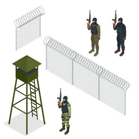 Isometric Security with a barbed wire fence. Soldier, officerのイラスト素材