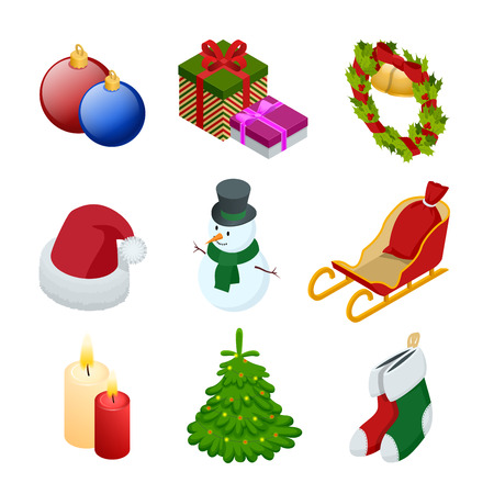 Isometric xmas elements gift, christmas tree, new year, christmas, snowman, Christmas toy, garland, candle Santa hats gift socksのイラスト素材