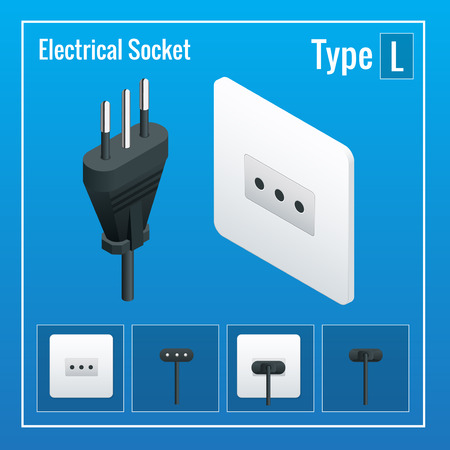 Isometric Switches and sockets set. Type L. AC power sockets realistic illustration. Power outlet and socket isolated. Plug socketのイラスト素材