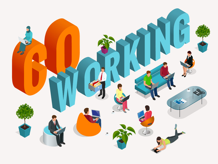 Concept of the coworking center. Business meeting. Shared working environment. People talking and working at the computers in the open space officeのイラスト素材