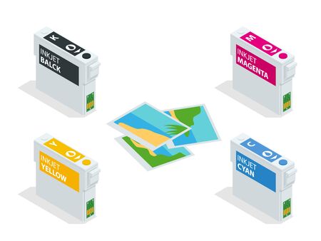 Isometric CMYK set of cartridges for ink jet printer and color chart. Empty refillable cartridges...