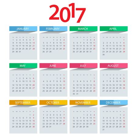 Calendar for 2017 year. Vector design stationery template. Flat style color vector illustration. Yearly calendar template.のイラスト素材