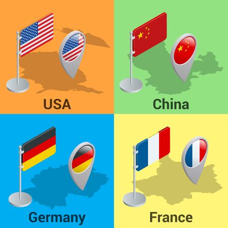 Set flags and GPS location symbol. USA, China, Germany and France. Flat 3d vector isometric illustration.のイラスト素材