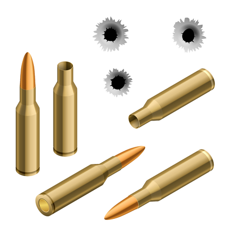 Isometric shot gun bullets and bullet holes isolated on white background. Ammunition, guns, military illustration.のイラスト素材
