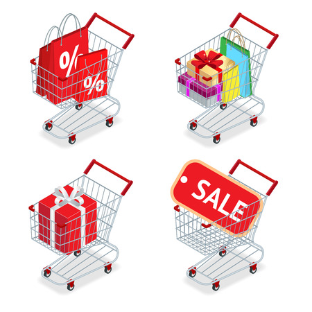 Food basket DISCOUNT or shopping cart with gifts and discounts. Shopping trolley with Big pile of colorful wrapped gift boxes isolated on white. Shopping at supermarket.のイラスト素材