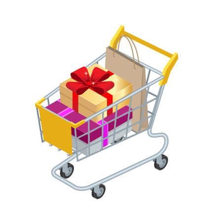 Food basket DISCOUNT or shopping cart with gifts and discounts. Shopping trolley with Big pile of colorful wrapped gift boxes isolated on white. Shopping at supermarket.のイラスト素材