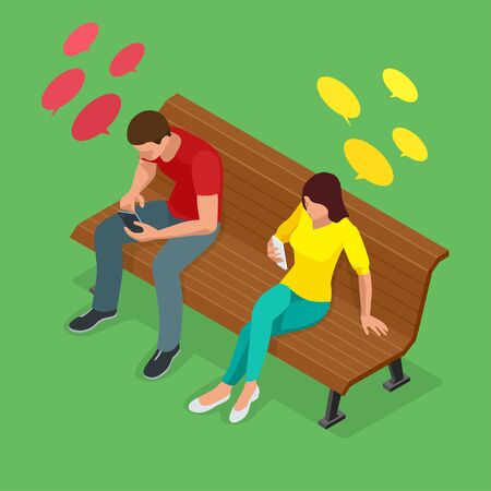 Young man and woman sitting on the bench and send SMS. Communication via the Internet, typing text message via cellphone, social networking concept. Flat 3d isometric illustrationのイラスト素材