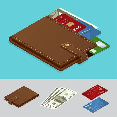 Wallet with cash money and credit cards. Payment concept. Vector isometric illustrationのイラスト素材