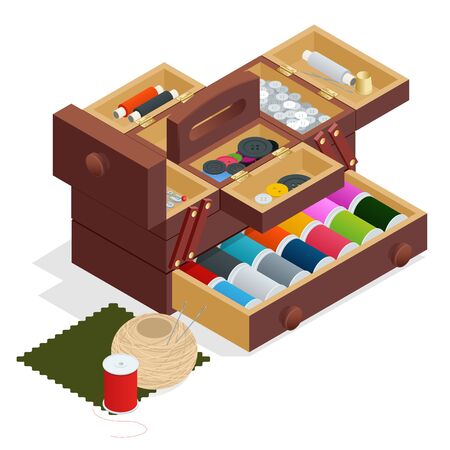 Isometric Sewing kit in wooden box, isolated on whiteのイラスト素材