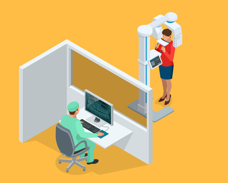 Isometric Detail Dental Panoramic Radiograph equipment, doctor and woman isolated on white.のイラスト素材