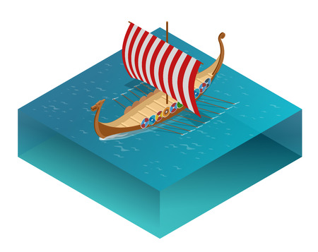 Viking drakkar. Sailing ship floating on the sea waves. Hand drawn design element. Vintage vector engraving illustration for poster, label, postmark. Isolated on blue background.の写真素材