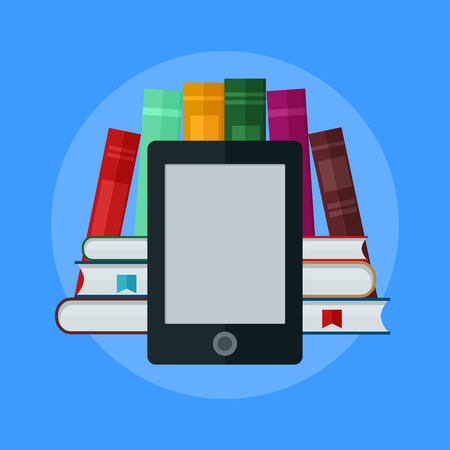 E-book concept. University Computer Classroom. Online Education and Library with Students. Flat vector 3d illustrationのイラスト素材