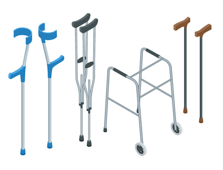 Isometric set of mobility aids including a wheelchair, walker, crutches, quad cane, and forearm crutches. Vector illustration. Health care concept.のイラスト素材