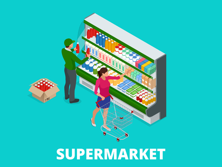 Woman shopping milk in grocery store. Isometric Supermarket thermocool refrigerator shelves food collection with milk flat vector illustrationのイラスト素材