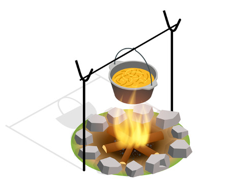 Isometric Bonfire Burning On Firewood In The Camp, Camping And Hiking Outdoor Tourism.のイラスト素材