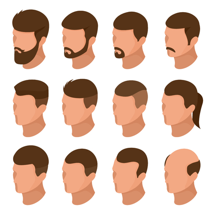 Isometric Businessman or male person character creation set. Collection of of mens hairstyles, hipster style isolation. Side view front of businessman. Vector elements for character animationのイラスト素材