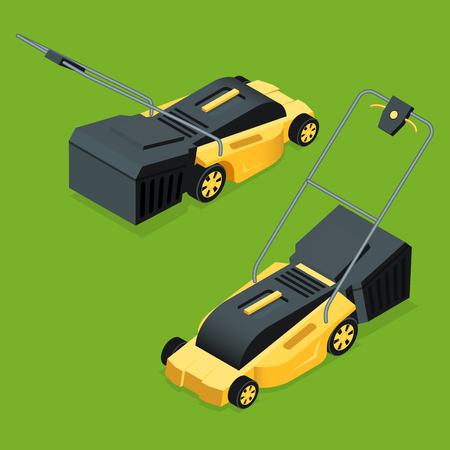 Electric yellow lawn mower in summertime. Lawn grass service concept. Isometric flat vector illustration. Garden equipment.のイラスト素材