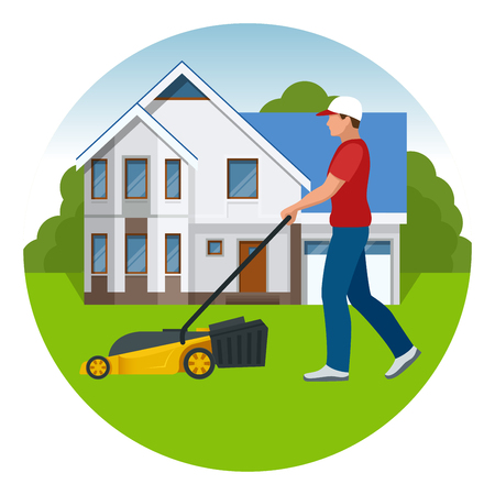 Man mowing the lawn with yellow lawn mower in summertime. Lawn grass service concept. Flat vector illustrationのイラスト素材