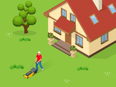 Man mowing the lawn with yellow lawn mower in summertime. Lawn grass service concept. Isometric vector illustrationのイラスト素材