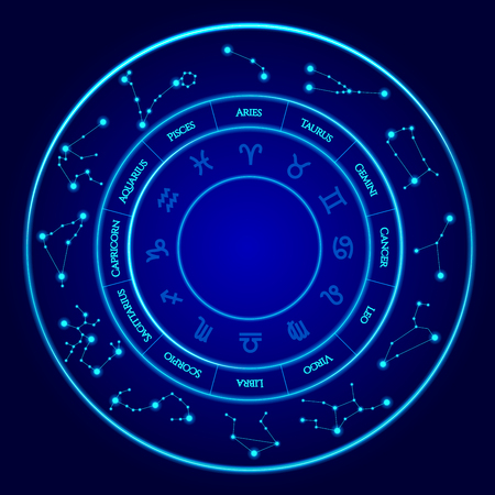 Constellations Vector Set. Twelve signs of the zodiac located in a circle. Blue neon horoscope circle. Perfect for products such as t-shirts, pillows, album covers, websites, flyers, postersのイラスト素材